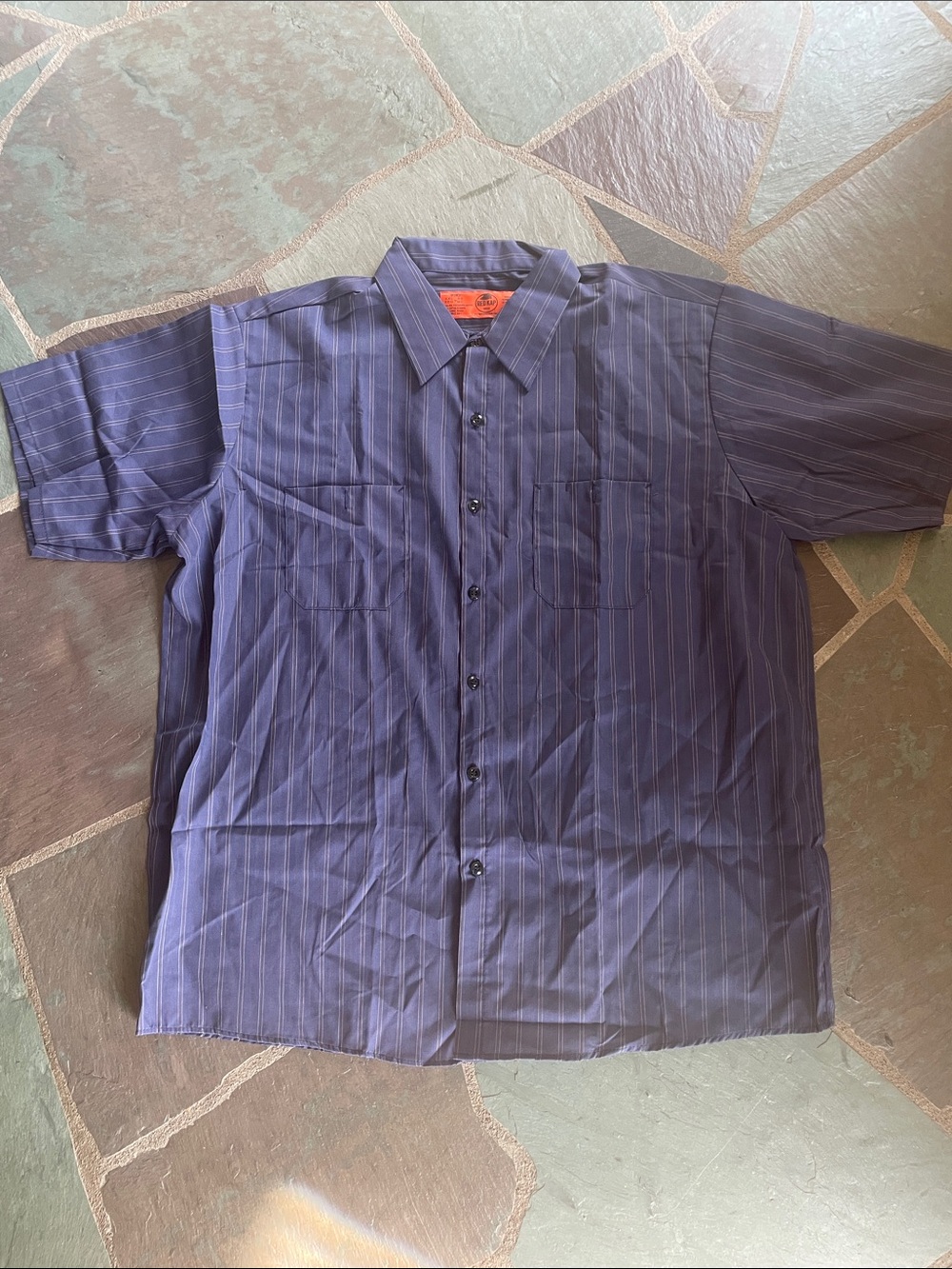 NWOT Men's Short Sleeve Button-Down Shirt in Dark Blue Pinstripe